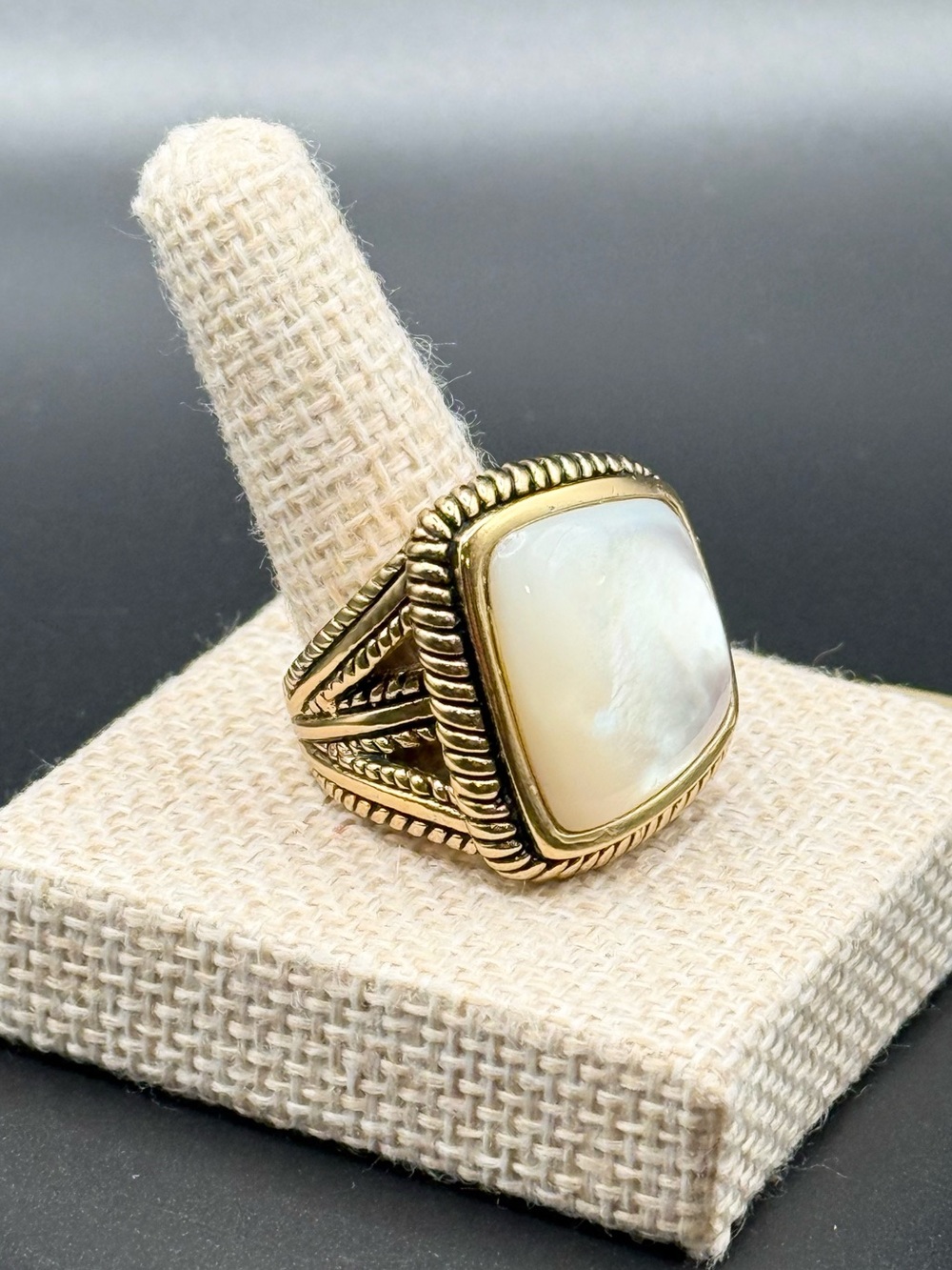Barse Jewelry White Mother-of-Pearl Gold Tone Rope Statement Ring